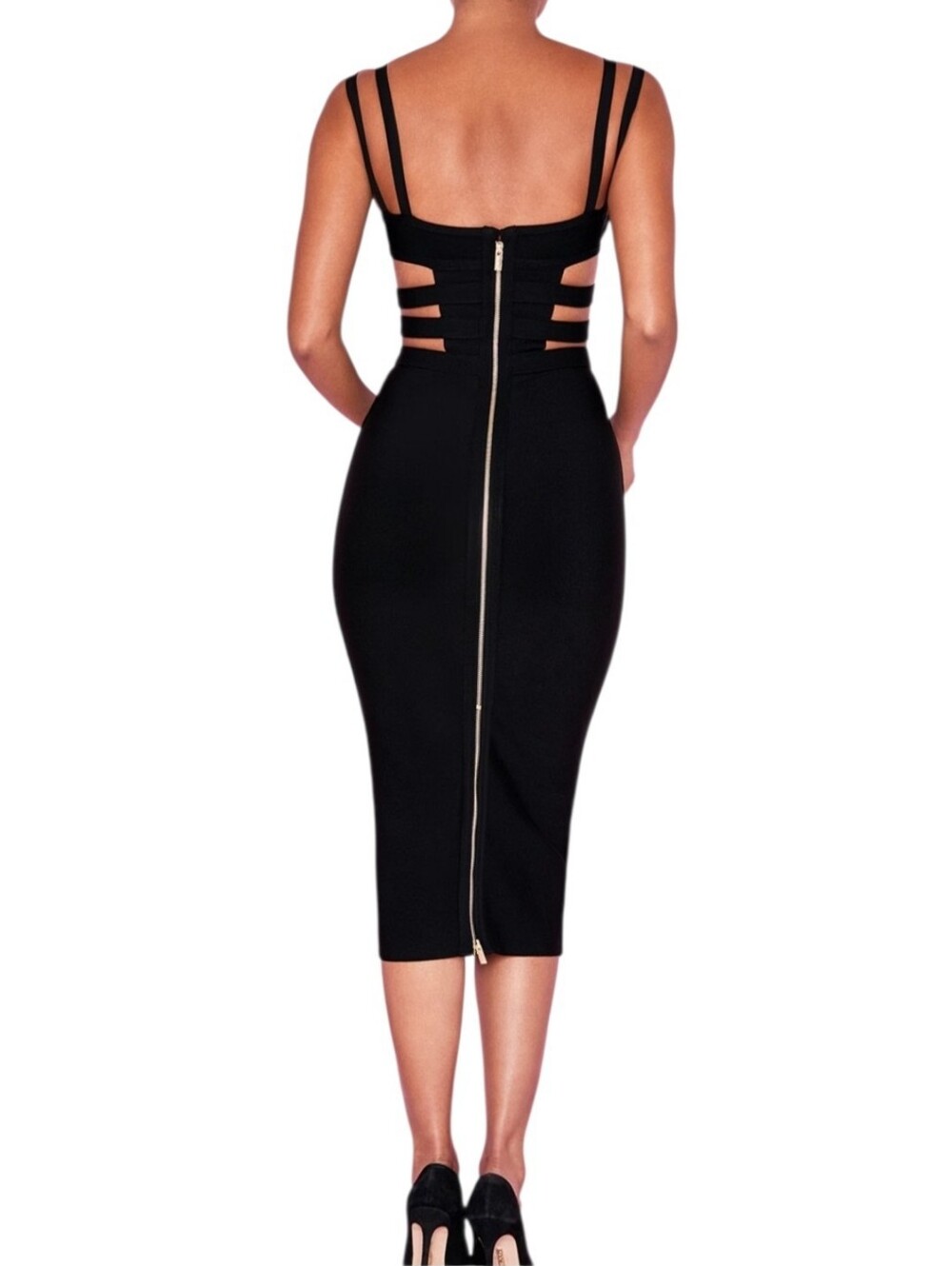 House of London Black Strappy Buckles Dress Gold Accents Bodycon Sz.M - Picture 2 of 5